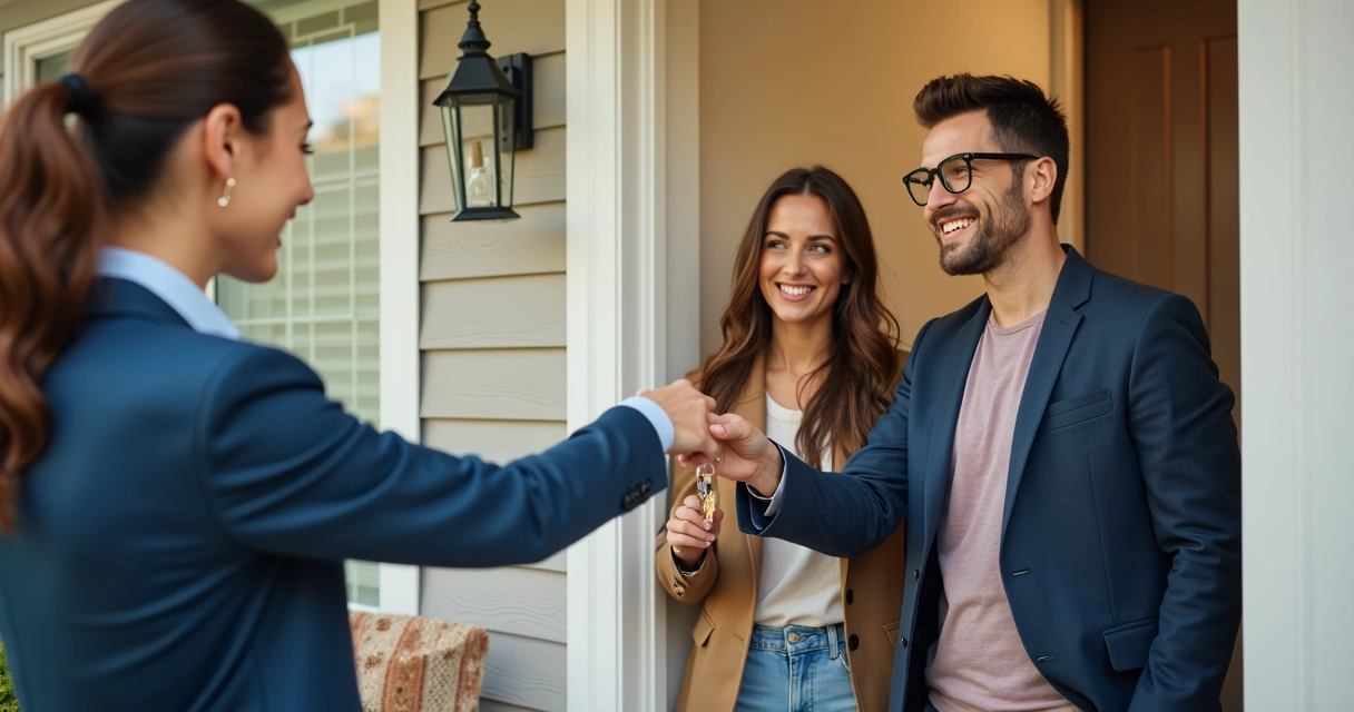 Young couple receiving keys for their new home 