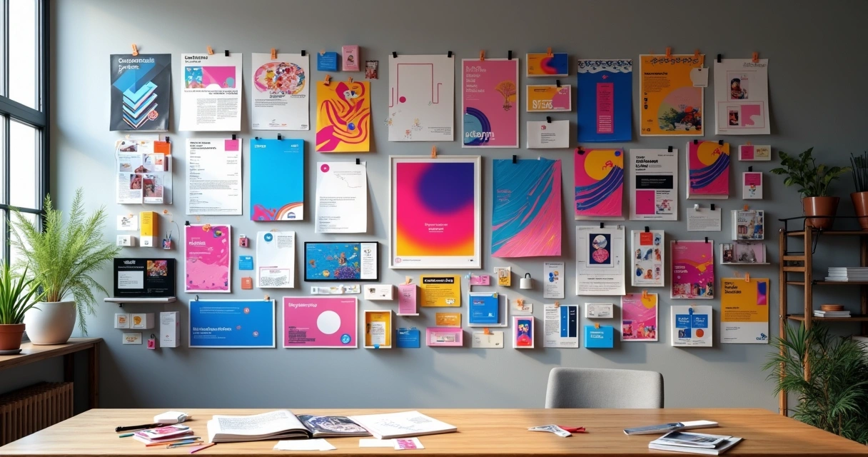 Painel com peças de campanha alinhadas pelo mesmo key visual colorido 