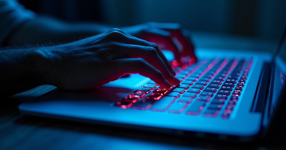 Mãos digitando em teclado com rastreamento de luz mostrando o caminho das teclas