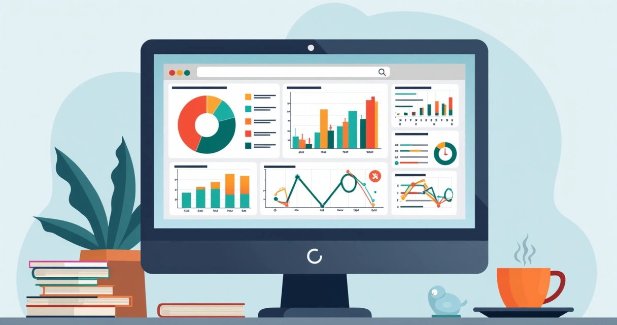 Illustration of a digital dashboard with keyword data charts and graphs 