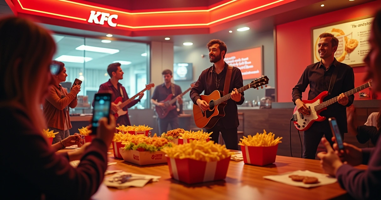 Cartaz colorido de campanha do KFC com músicos e caixas de frango na frente. 