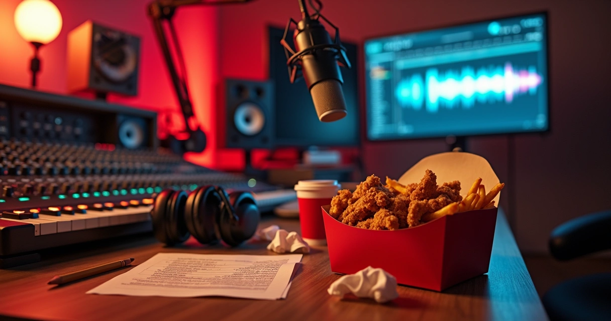 Estúdio musical profissional com box de refeição ao lado de console de som 