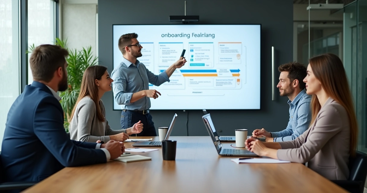 Equipe reunida para reunião de kickoff de onboarding com cliente