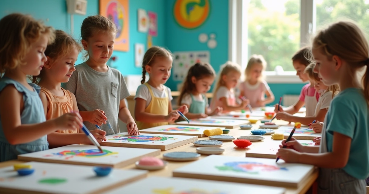 Children painting together in an art camp studio