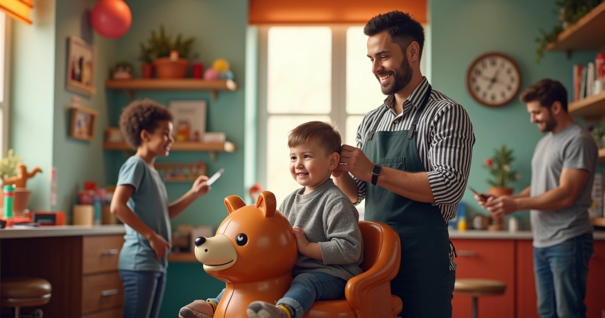 Barber cutting child's hair in a welcoming barbershop 