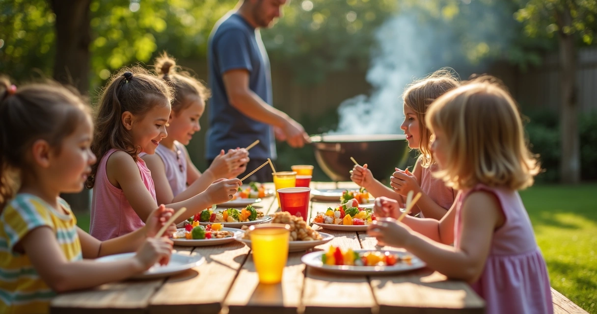 Children assembling skewers next to outdoor grill