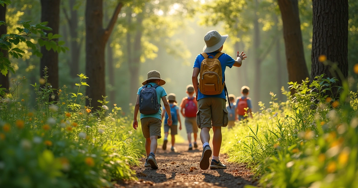 Children exploring at an outdoor nature camp in Austin
