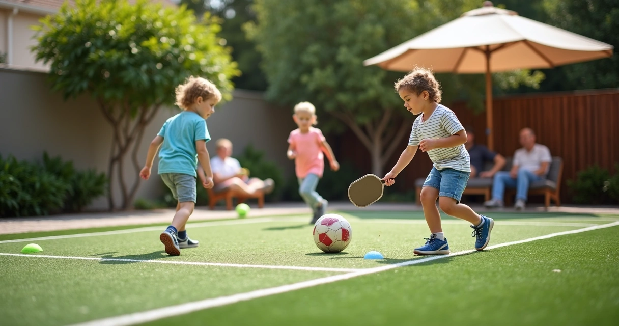 Kids playing various sports on a backyard multi-sport court