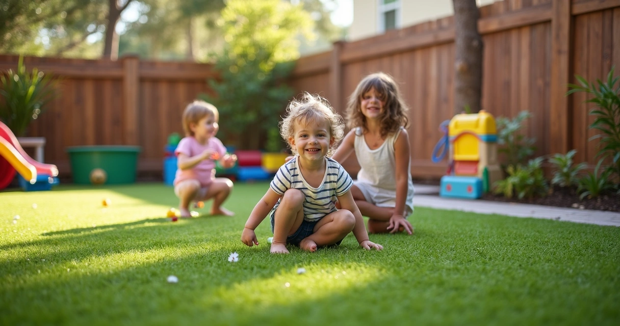 Children playing safely on green turf Central Florida backyard