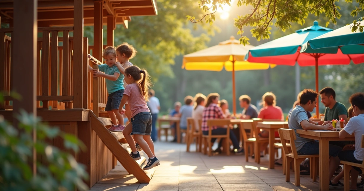 Children playing in outdoor restaurant play area with parents dining