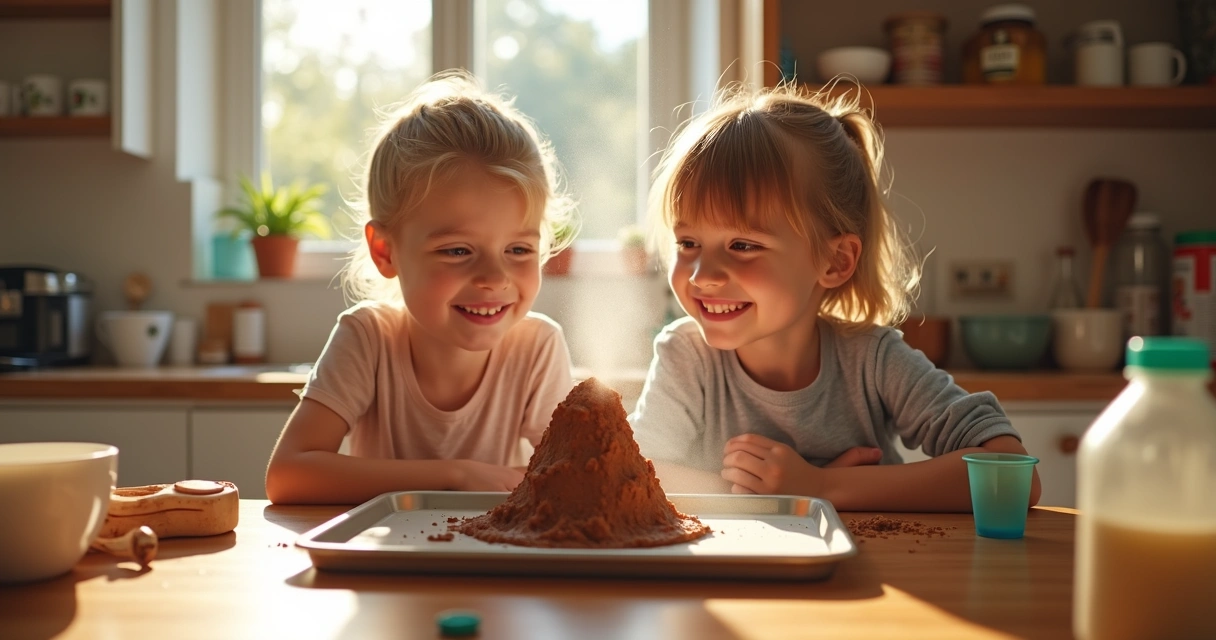Children doing a simple science experiment at kitchen table 