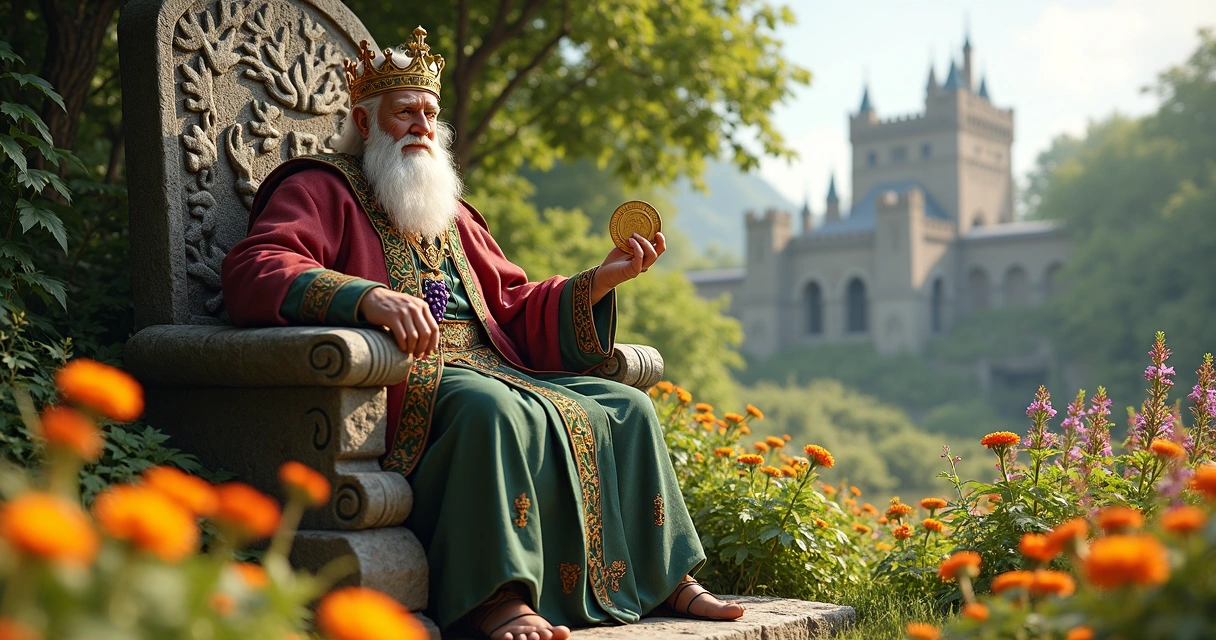 Tarot king sits on a carved throne in a lush garden, holding a coin. 