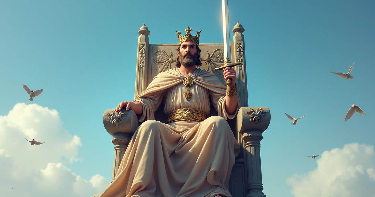 King of Swords tarot card illustration, seated king holding an upright sword 