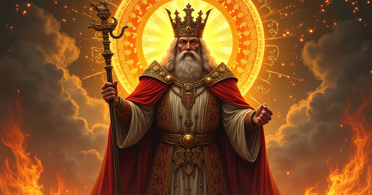 Detailed King of Wands tarot card with a regal figure holding a wand, surrounded by fiery symbols and a vibrant golden background 