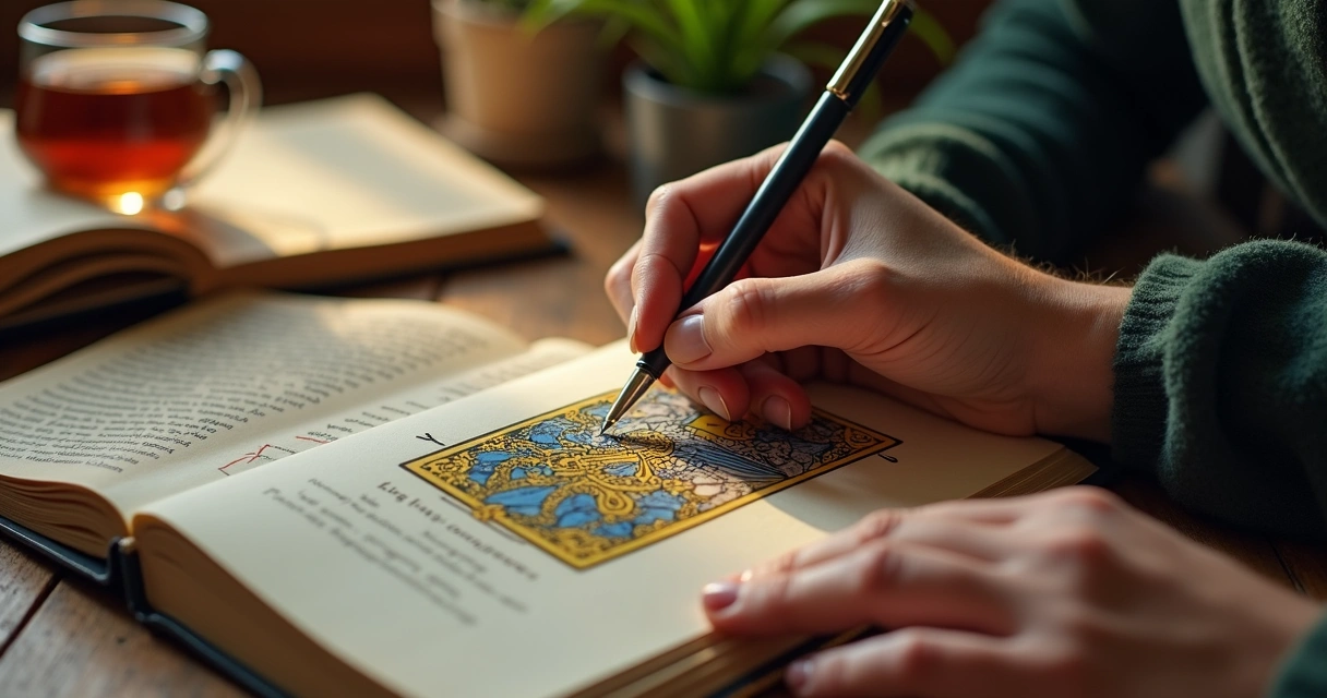 Hands writing tarot notes with King of Pentacles card on desk. 