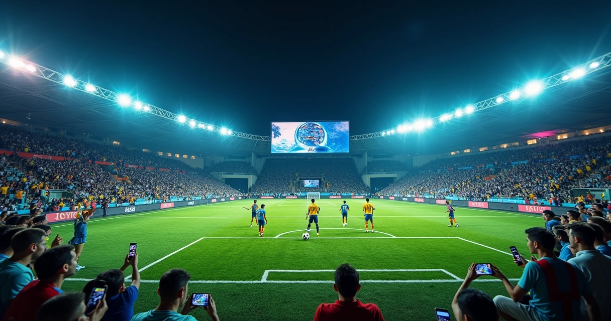 Arena de futebol 7 iluminada com símbolos digitais ao redor do gramado 