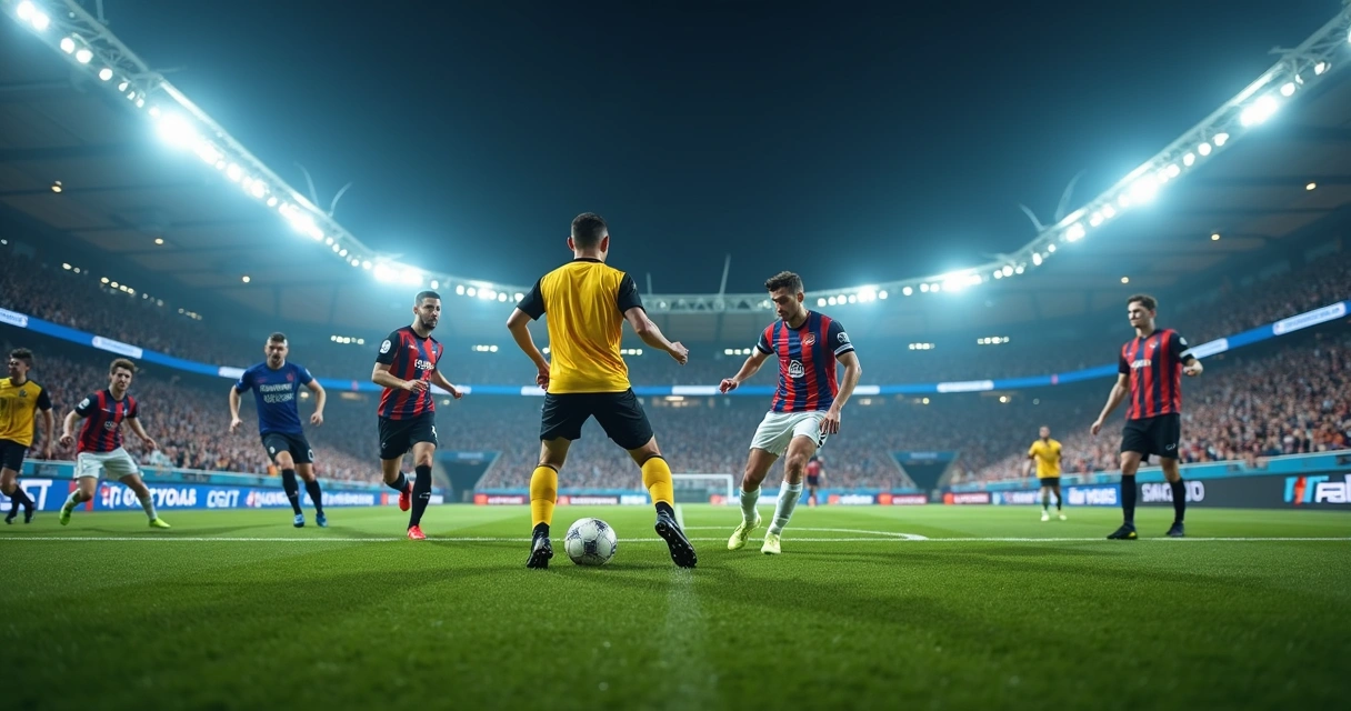 Jogo de futebol alternativo com influenciadores em campo, estádio moderno, público vibrante, e uso de tecnologia 