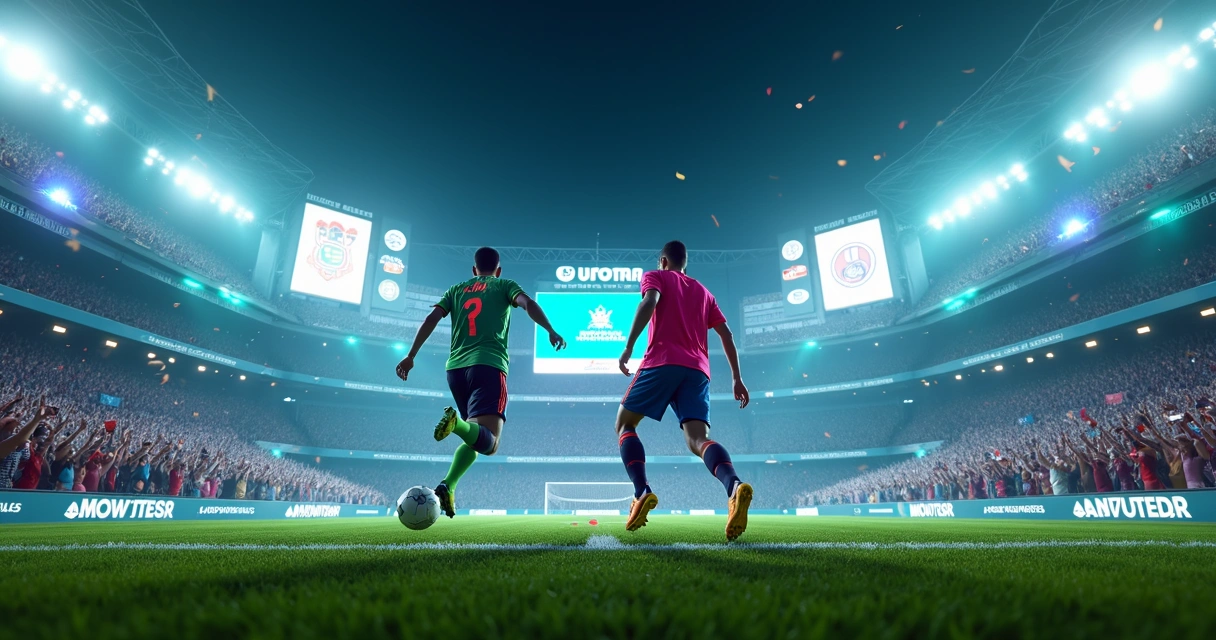 Jogadores da Kings League cercados por painéis de patrocinadores em estádio iluminado 