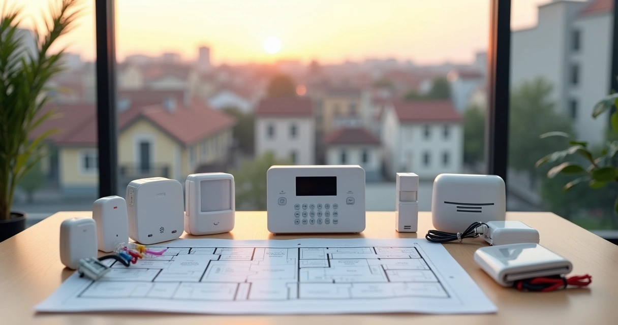 Kit de alarme com sensores e central sobre mesa ao lado de planta baixa de imóvel 