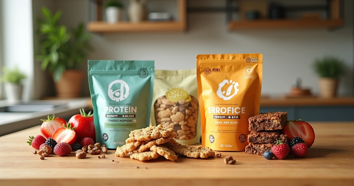 Kit de snacks saudáveis e funcionais em embalagem ecológica.