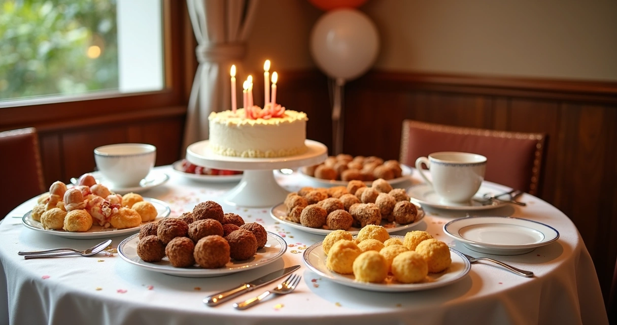 Kit de aniversário com bolo, salgados e doces em mesa bem decorada 
