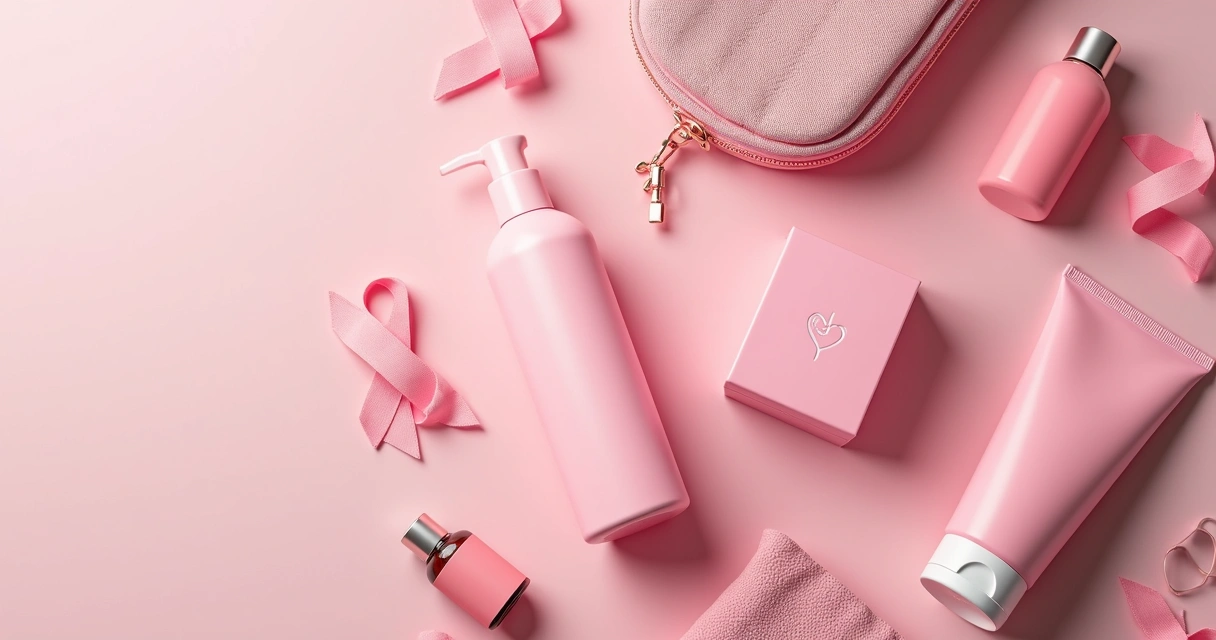 Kit de autocuidado com produtos cor-de-rosa e ecobag temática