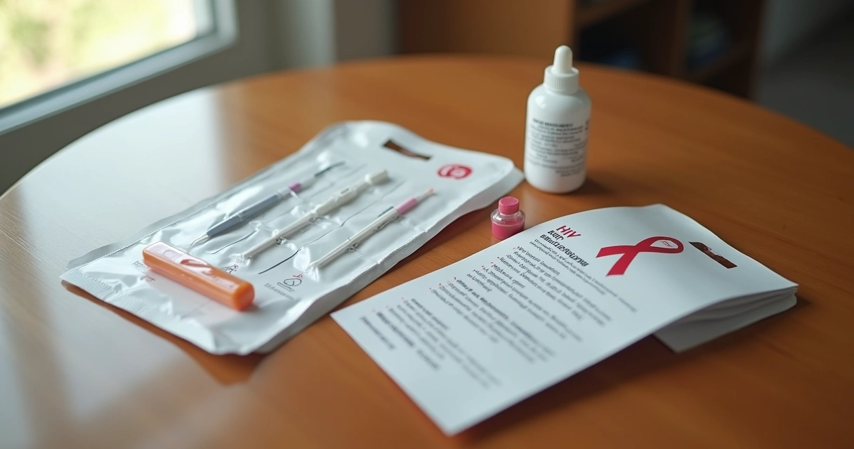 Kit de autoteste de HIV sobre uma mesa com instruções e lanceta