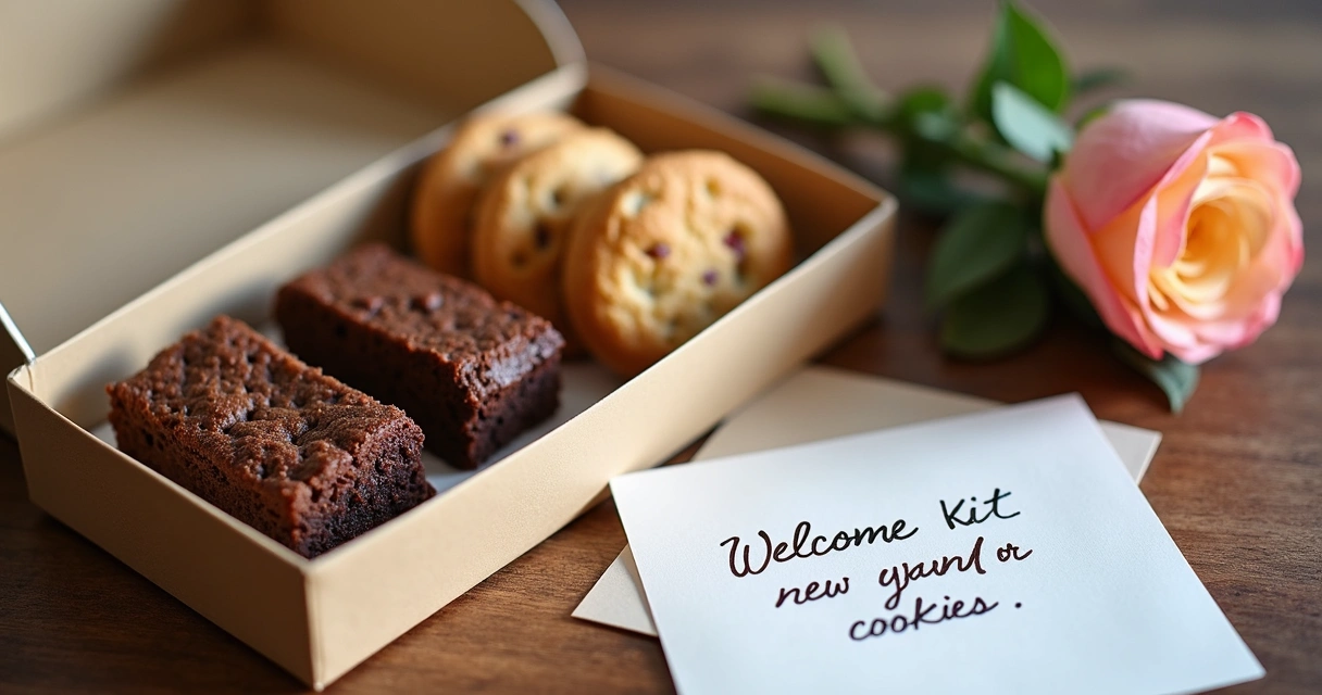 Kit de boas-vindas para colaborador com doces artesanais, embalagem sofisticada e bilhete personalizado. 