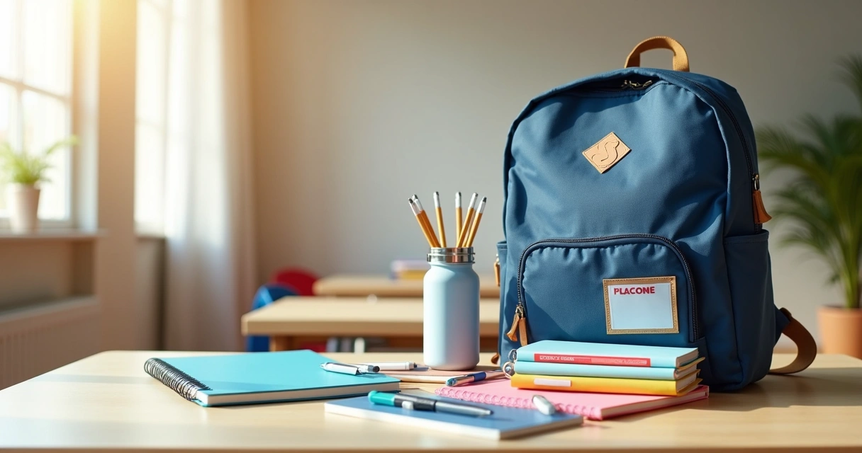 Kit de boas-vindas escolar personalizado com material colorido sobre uma mesa