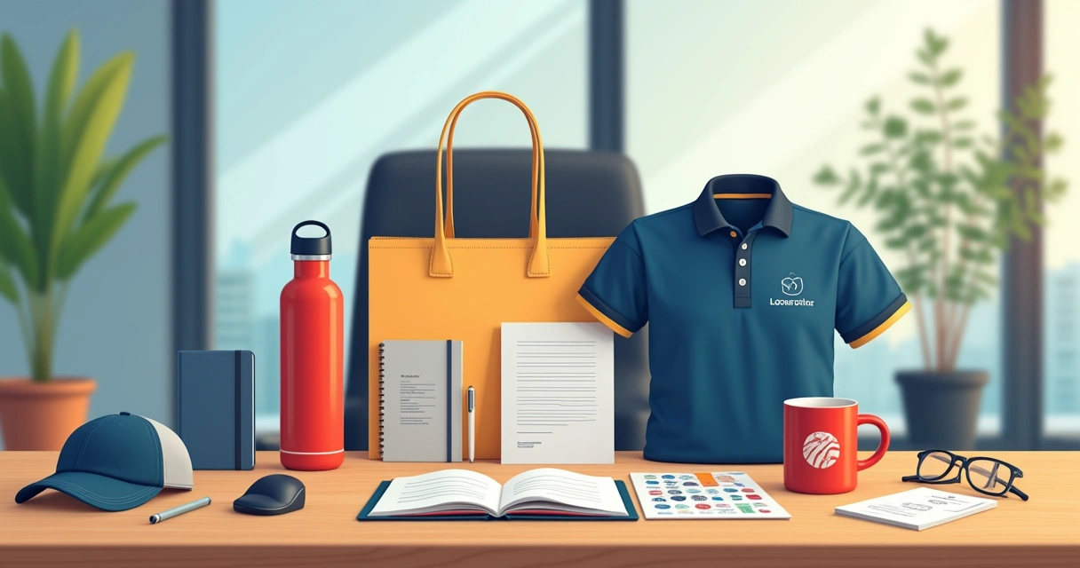 Itens variados de kit de boas-vindas para escritório sobre uma mesa
