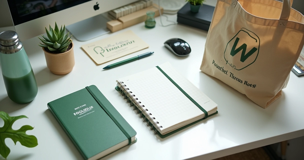 Kit de boas-vindas com itens variados sobre uma mesa 