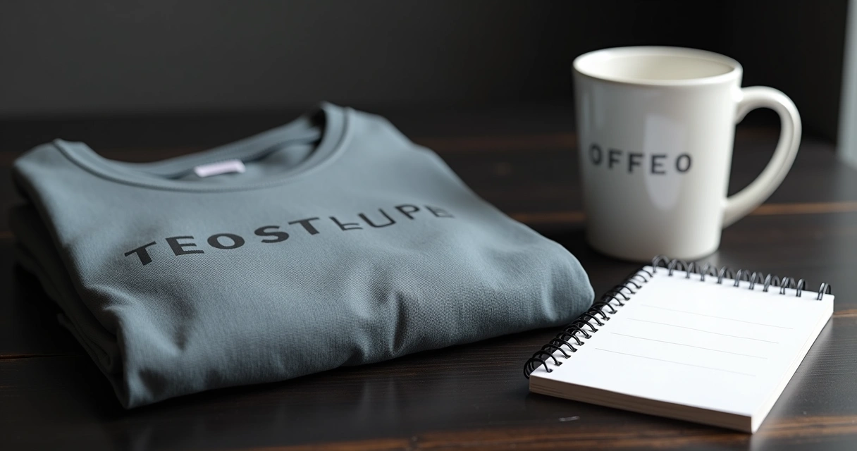 Kit de brindes corporativo com camiseta personalizada dobrada, caneca branca e bloco, sobre mesa escura 