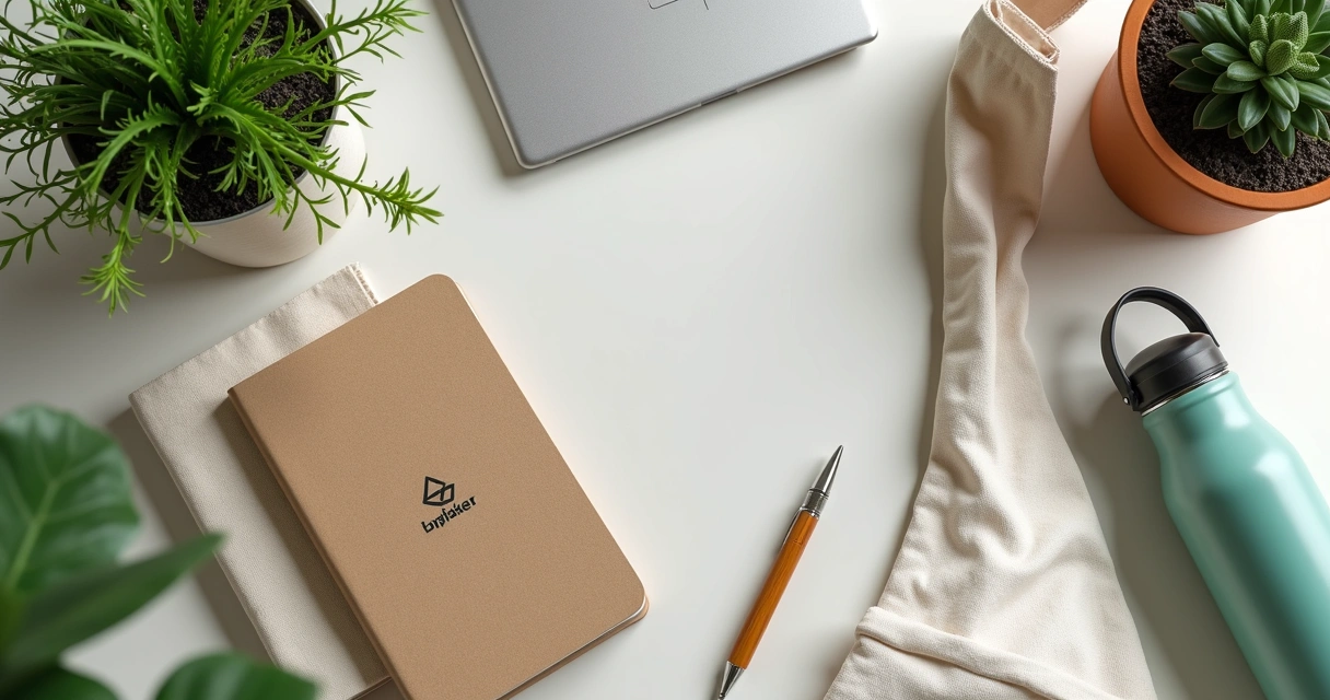 Kit de brindes personalizados com materiais sustentáveis em mesa de escritório