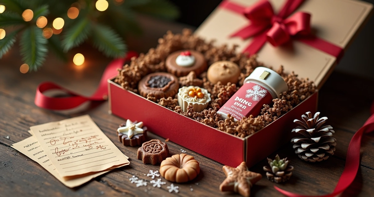 Kit de brinde com doces e itens natalinos sobre uma mesa de madeira