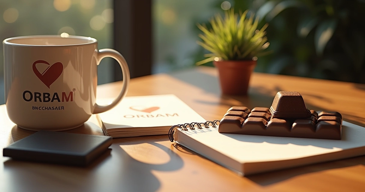 Kit de brindes organizados sobre uma mesa para o Dia do Cliente 