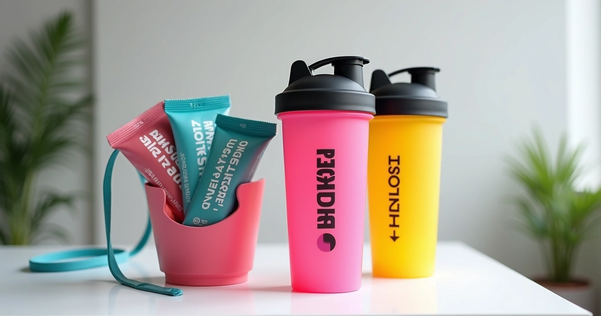 Kit de brindes fitness com coqueteleira, porta-barrinha e tirante em fundo claro 
