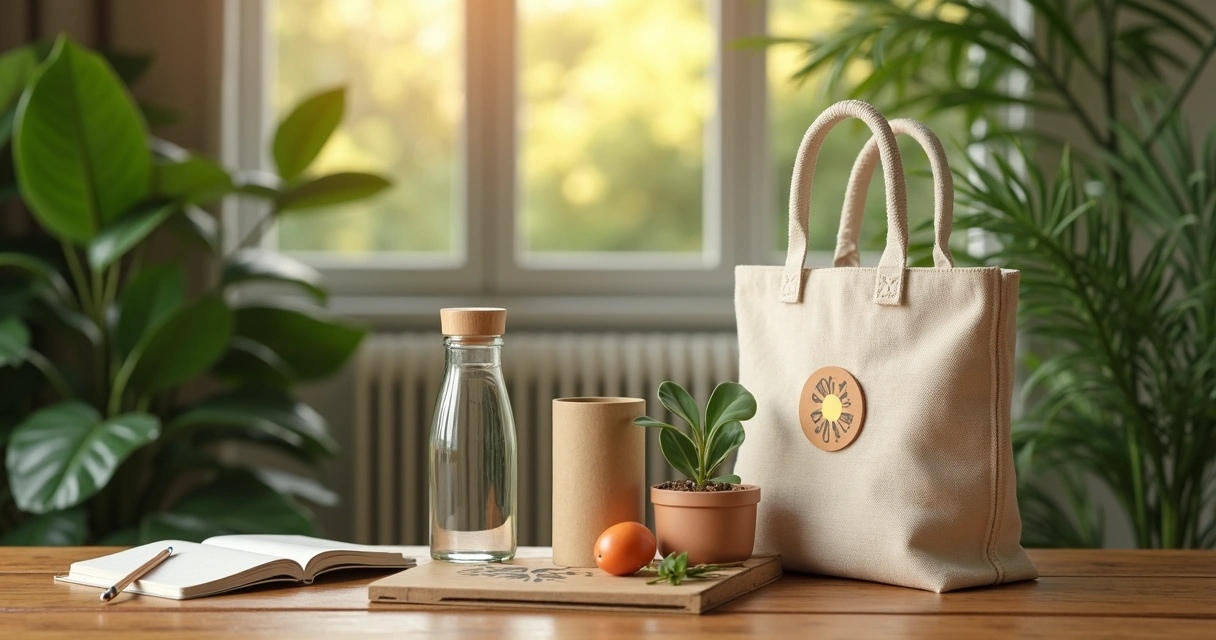 Kit de brindes sustentáveis com logo em mesa de madeira 