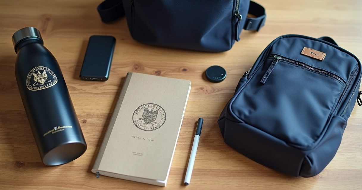 Kit de brindes personalizados com garrafa, mochila, caneta, caderno e power bank, todos organizados sobre uma mesa de madeira clara. 