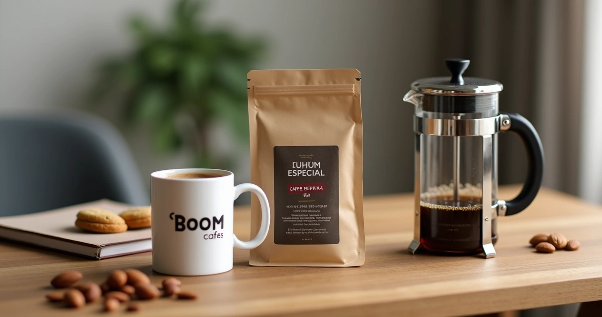 Kit de café montado para home office com caneca, prensa francesa e café especial 