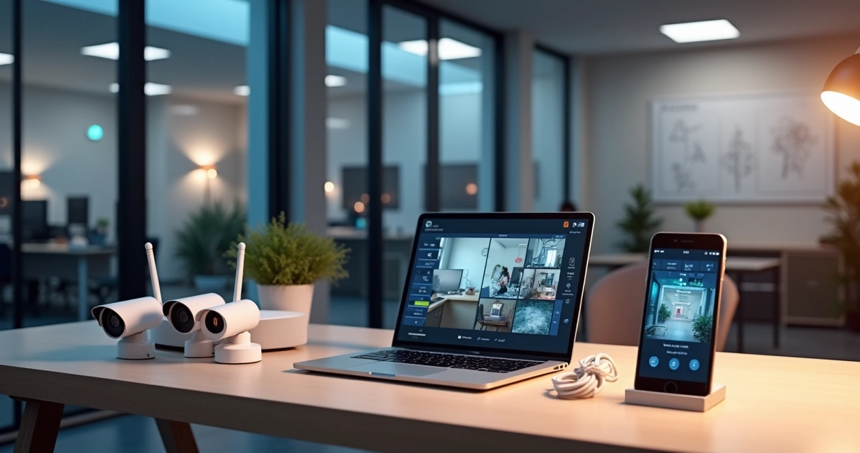 Kit de câmeras de segurança WiFi sendo configurado em mesa de escritório moderno 