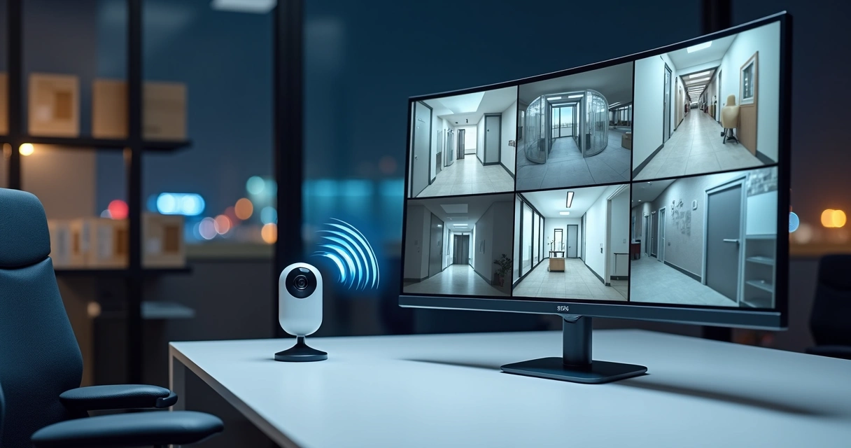 Gravação de sistema de câmeras wi-fi exibida em monitor de computador em escritório moderno 