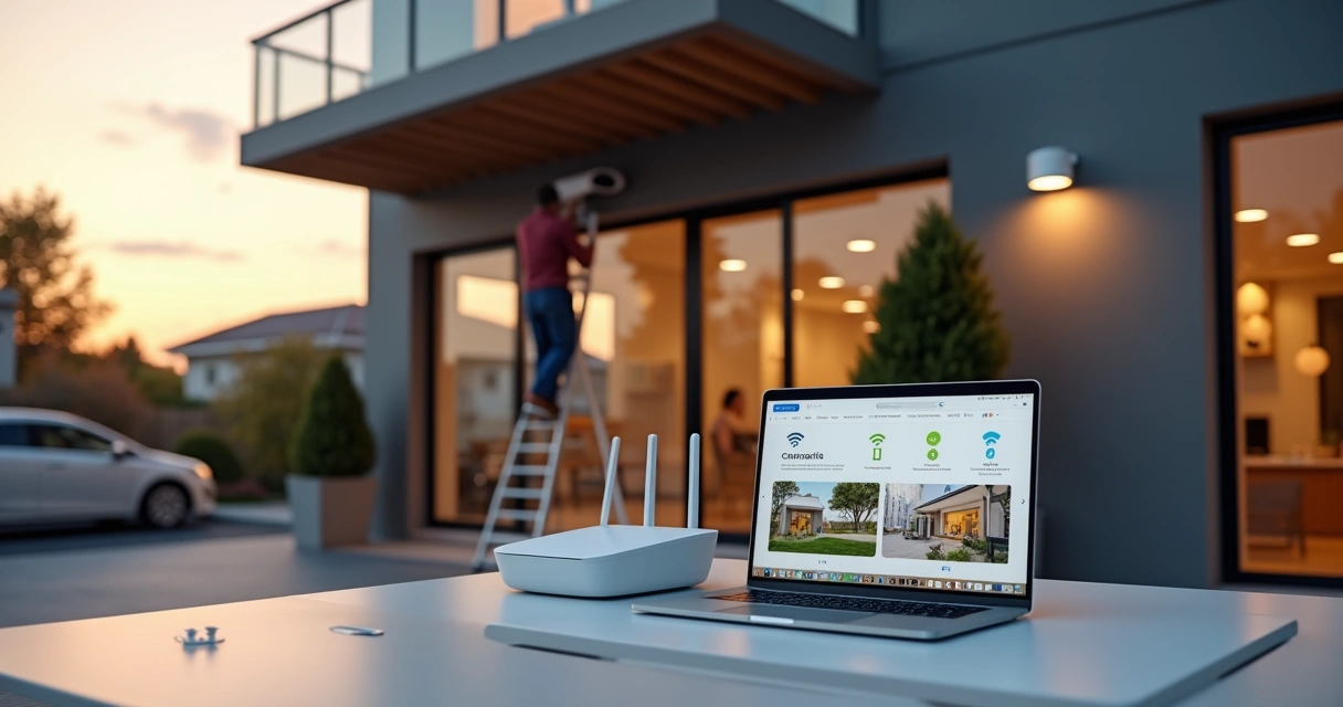 Instalador posicionando câmera WiFi em fachada enquanto roteador e notebook mostram configuração 