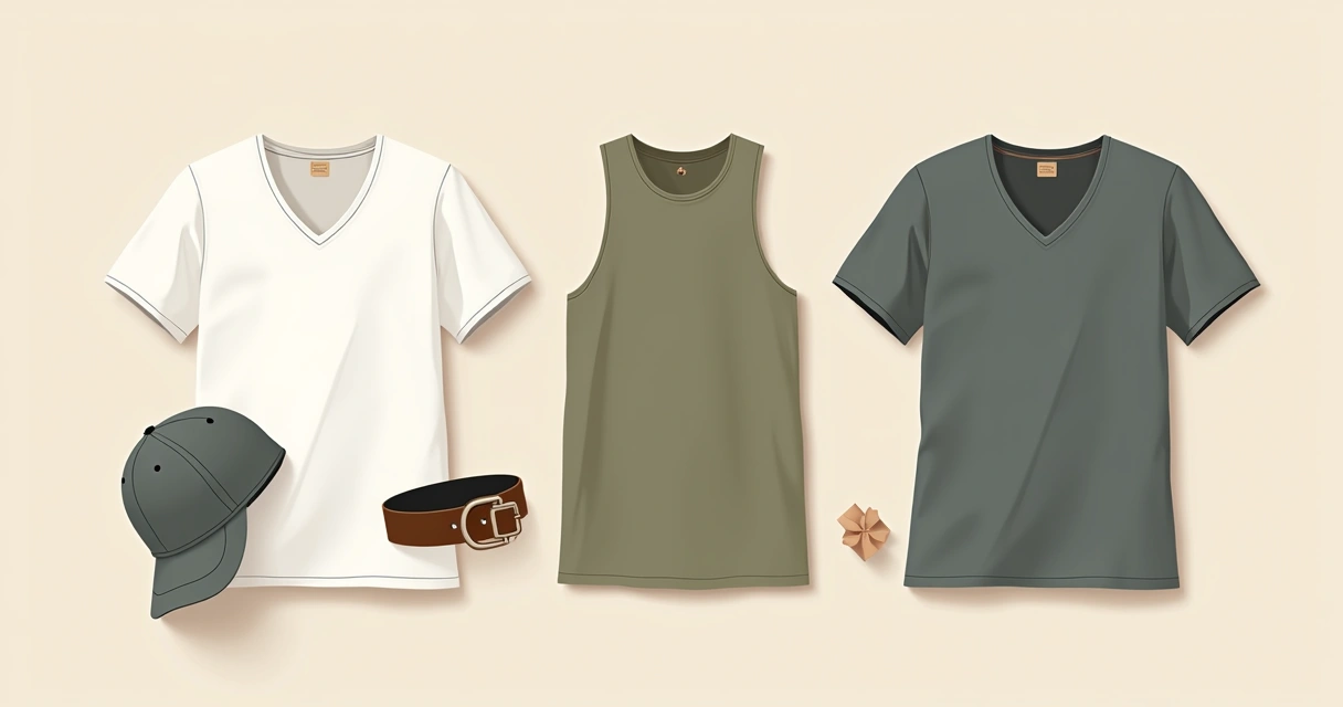 Kit com duas camisetas masculinas e uma regata em fundo claro, estilo flat