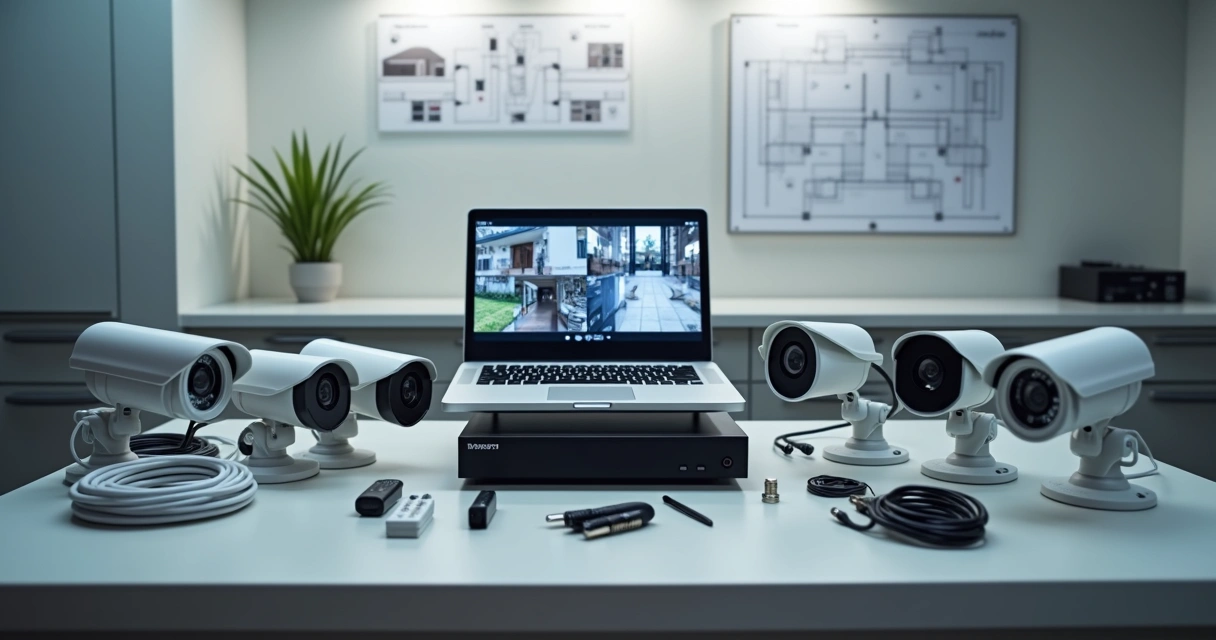 Kit CFTV completo com câmeras e gravador organizado sobre mesa técnica 