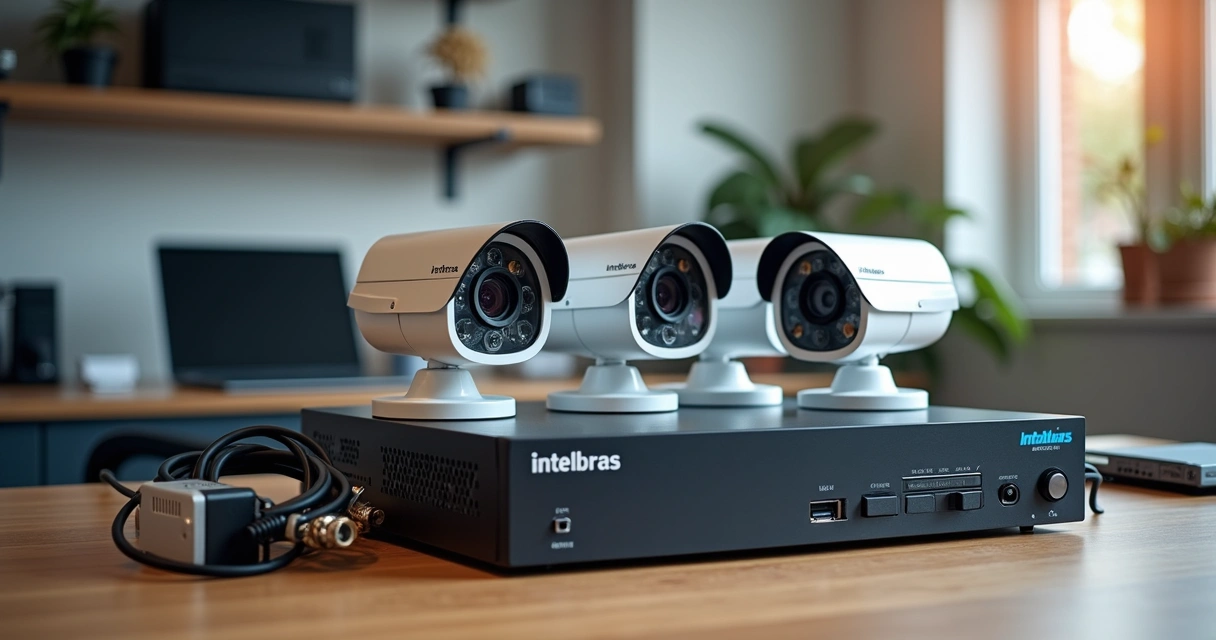 Kit de câmeras, DVR e acessórios sobre uma mesa de loja 