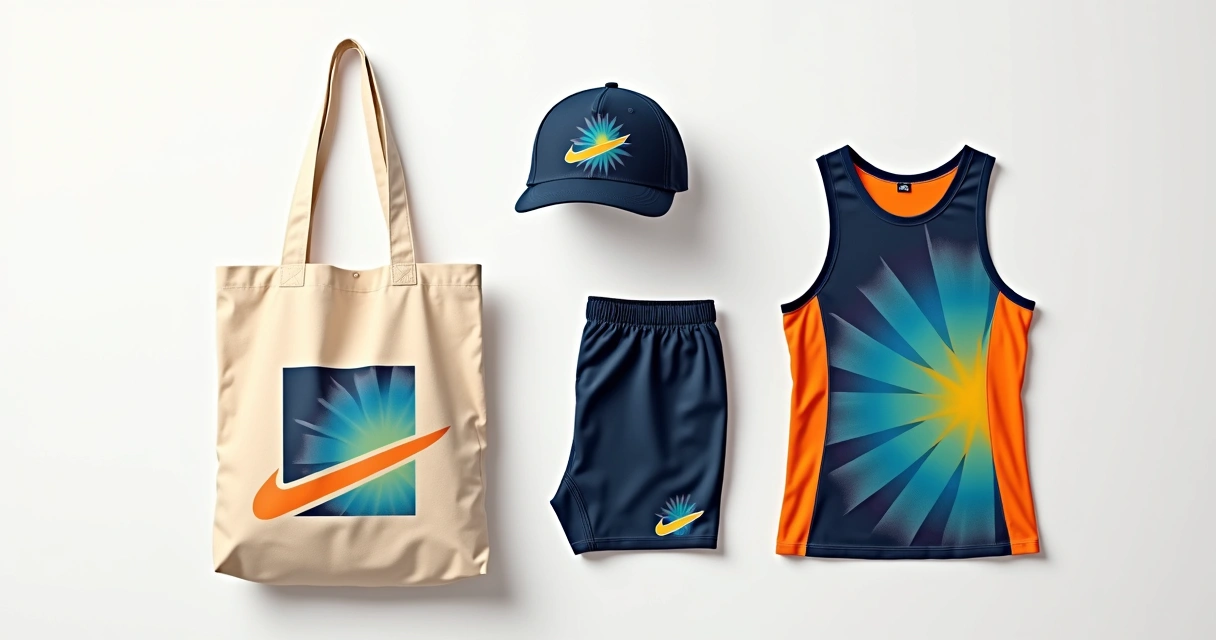Kit para corrida com regata, boné e ecobag personalizados alinhados sobre superfície clara