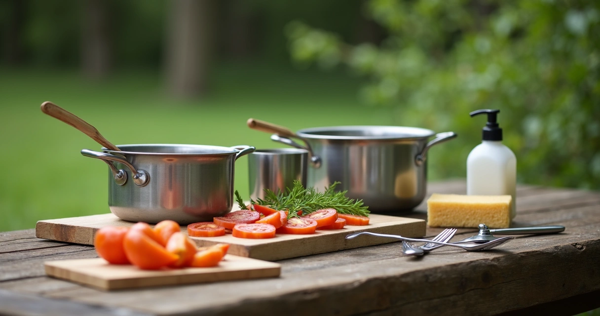 Kit básico de cozinha de camping com fogareiro, panelas, talheres e caneca em mesa de madeira. 