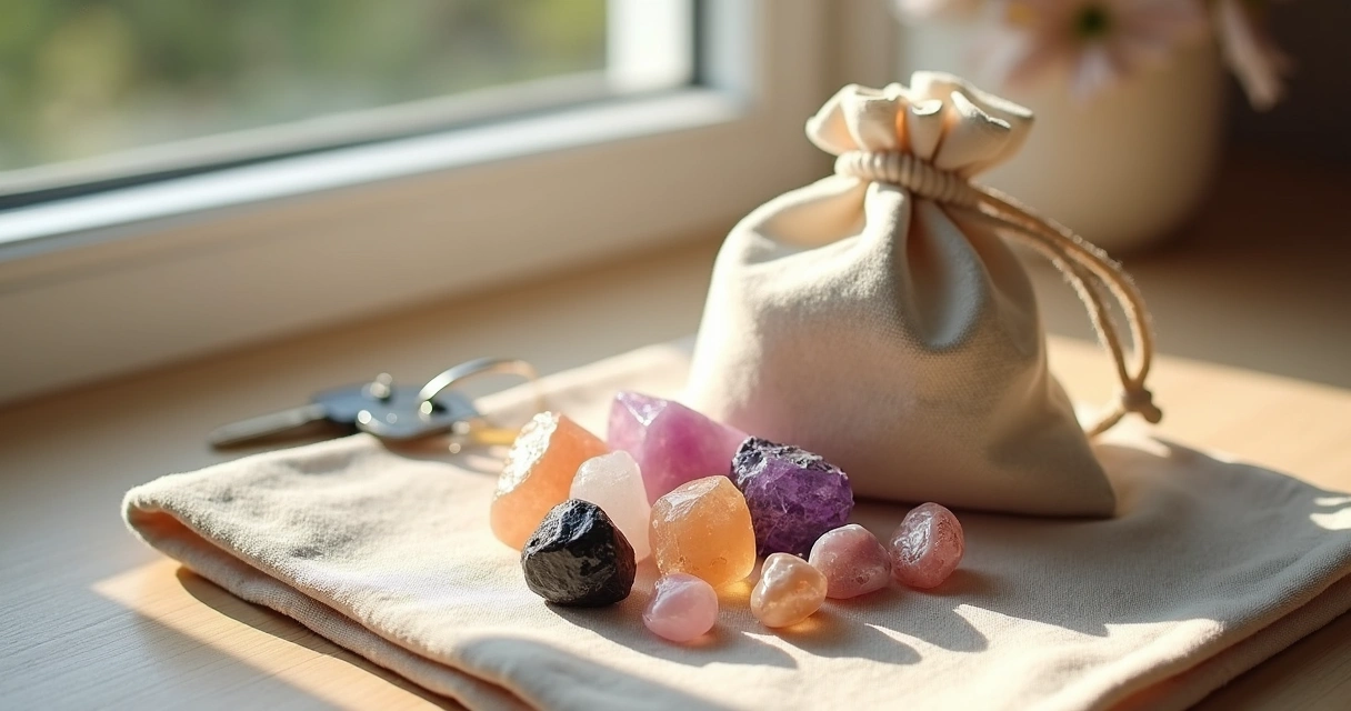 Kit pequeno de cristais diversos sobre uma bolsa feminina aberta 