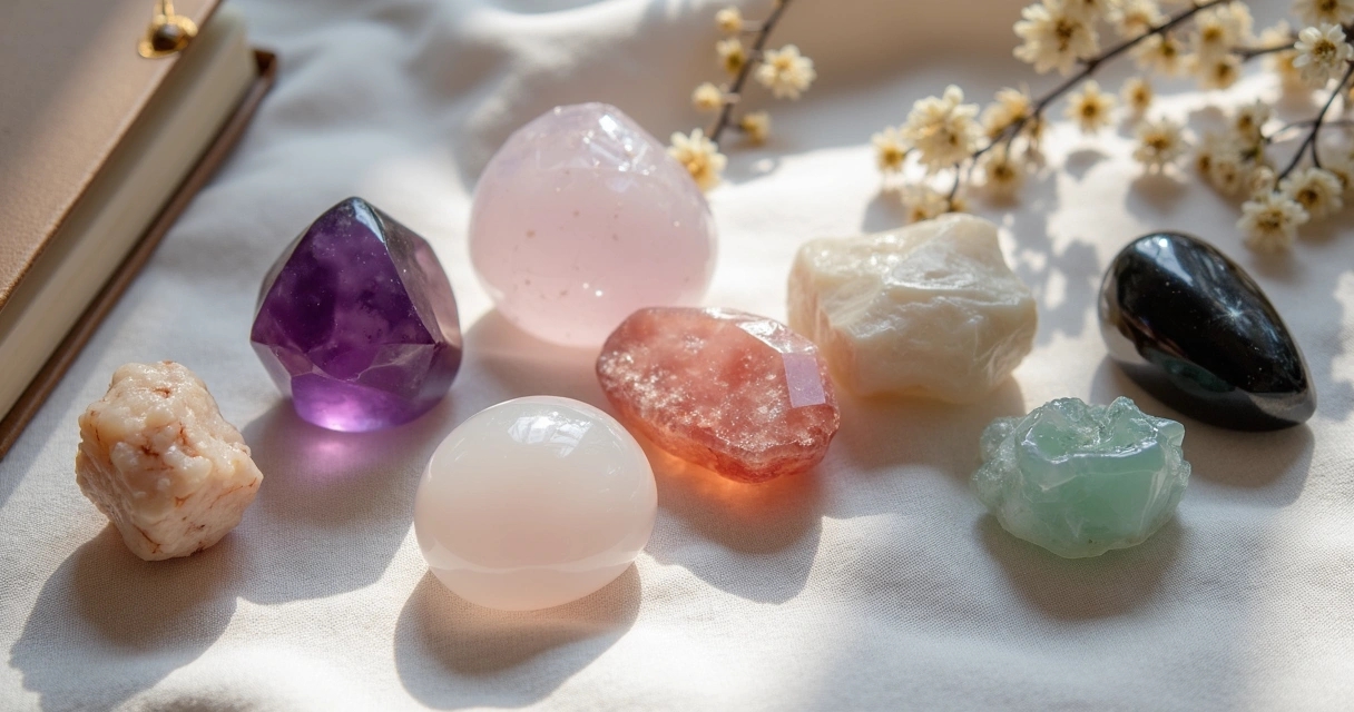 Kit com diferentes cristais femininos sobre tecido claro 