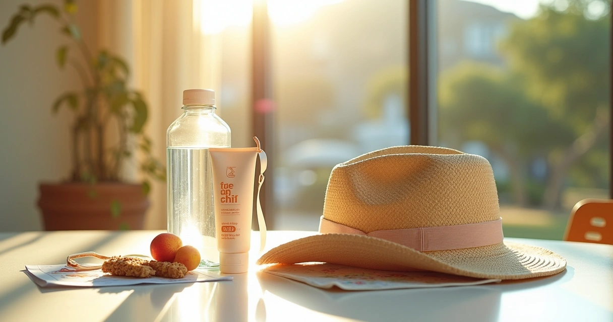 Kit de compras organizado com garrafa de água, protetor solar, chapéu e lanches sobre mesa moderna e iluminada